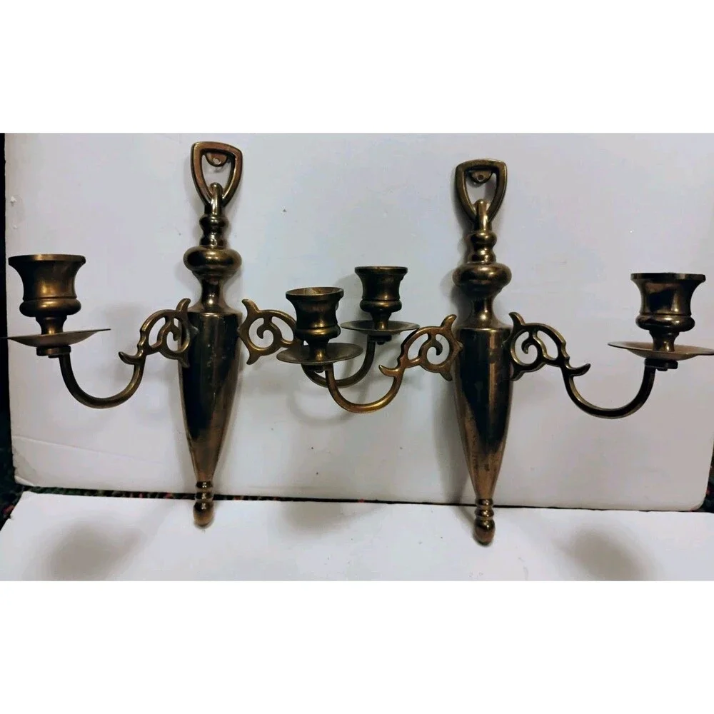 Vtg Pair Solid Brass Double Arm Wall Sconce Candle Holders Hollywood Regency 10